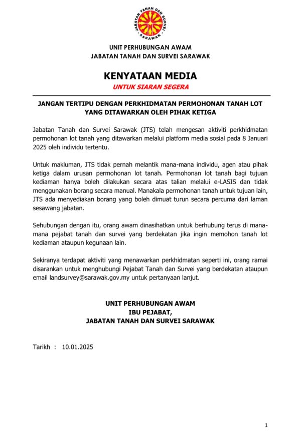 JTS tidak pernah melantik individu urus permohonan lot tanah, jangan mudah tertipu