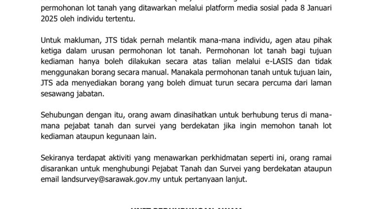 JTS tidak pernah melantik individu urus permohonan lot tanah, jangan mudah tertipu