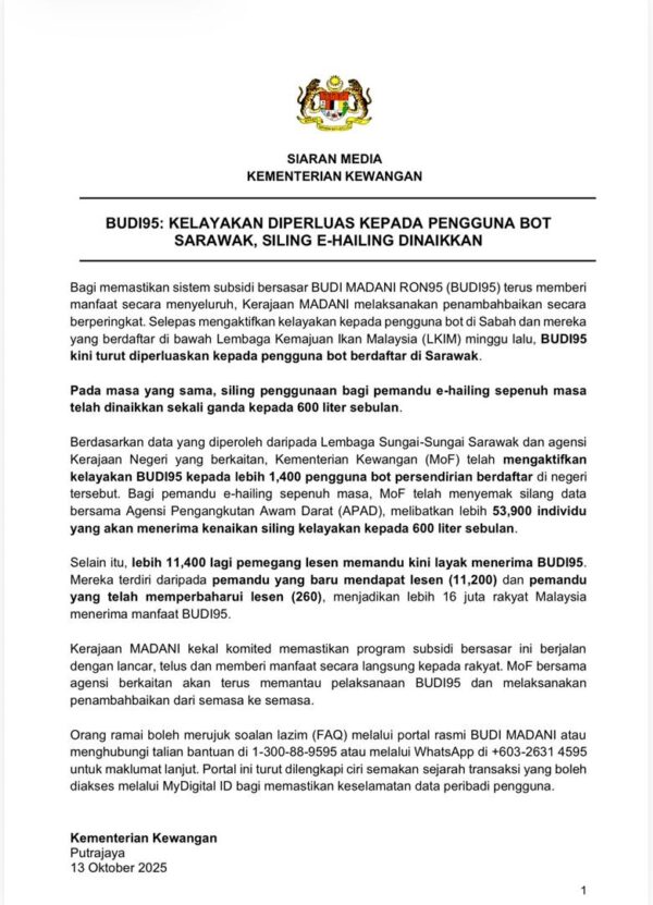 Pengguna bot berdaftar di Sarawak layak nikmati program subsidi BUDI95