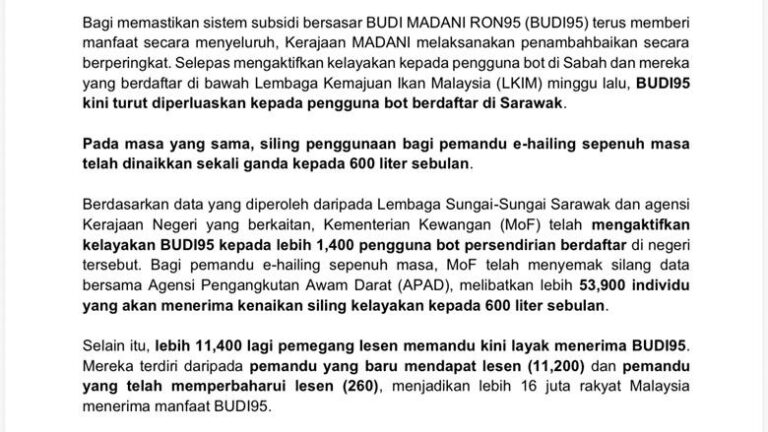 Pengguna bot berdaftar di Sarawak layak nikmati program subsidi BUDI95