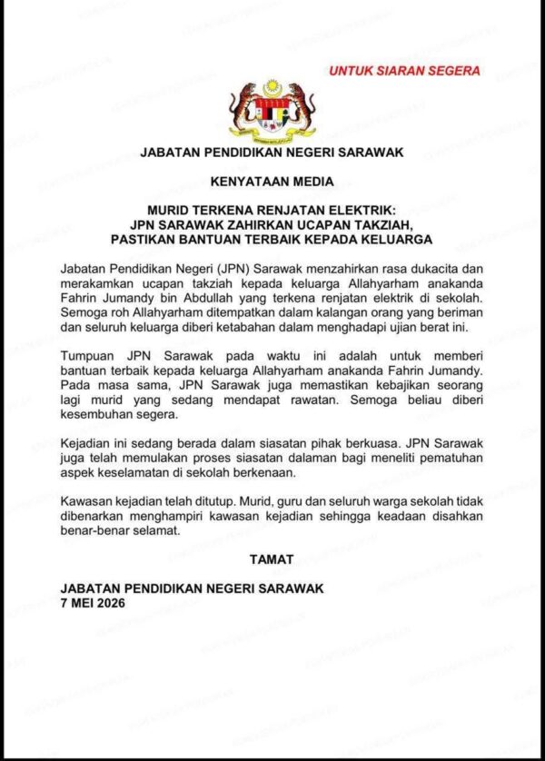 Pelajar maut renjatan elektrik: JPN Sarawak zahirkan takziah, hulur bantuan pada keluarga
