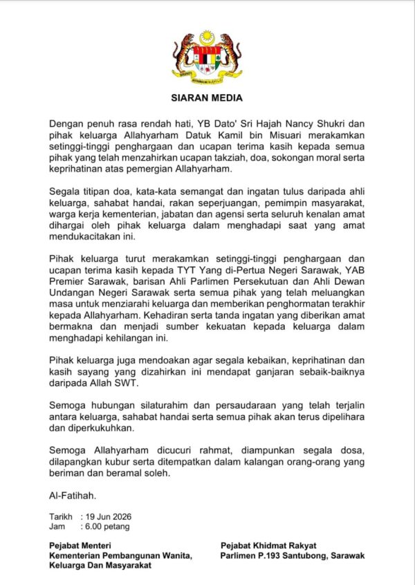 Nancy hargai doa, sokongan, keprihatinan semua atas pemergian suami