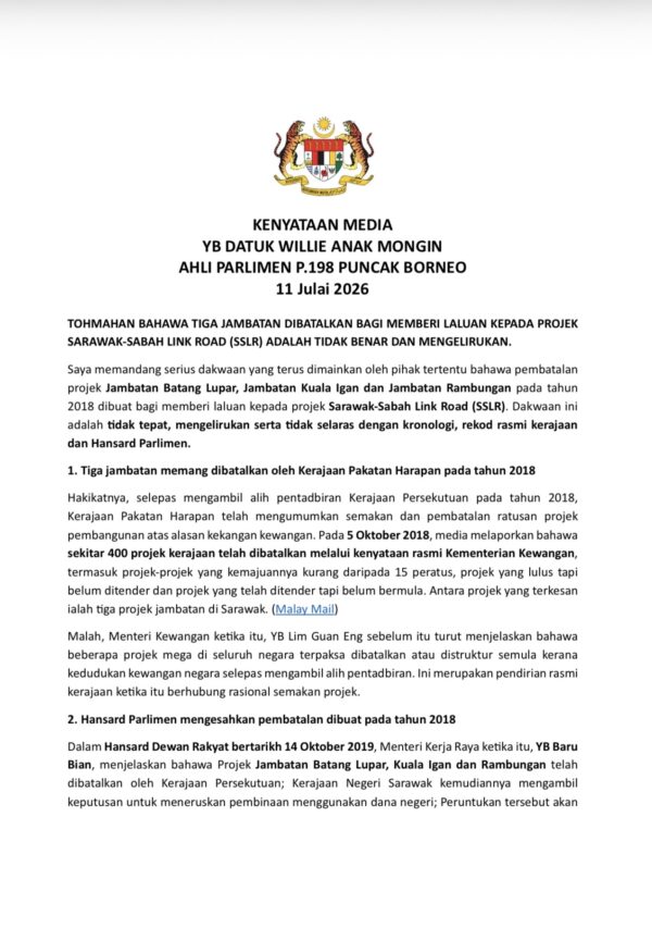 Dakwaan tiga projek jambatan Sarawak dibatal kerana SSLR tidak berasas