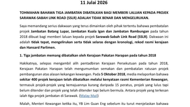 Dakwaan tiga projek jambatan Sarawak dibatal kerana SSLR tidak berasas