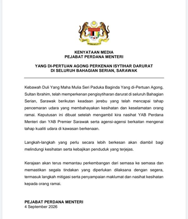 Agong perkenan darurat jerebu di seluruh Bahagian Serian