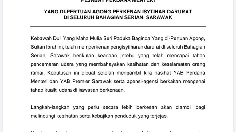 Agong perkenan darurat jerebu di seluruh Bahagian Serian