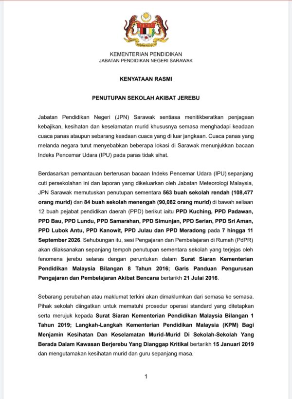 Jerebu: 647 sekolah Sarawak ditutup 7- 11 September, PdPR dilaksana