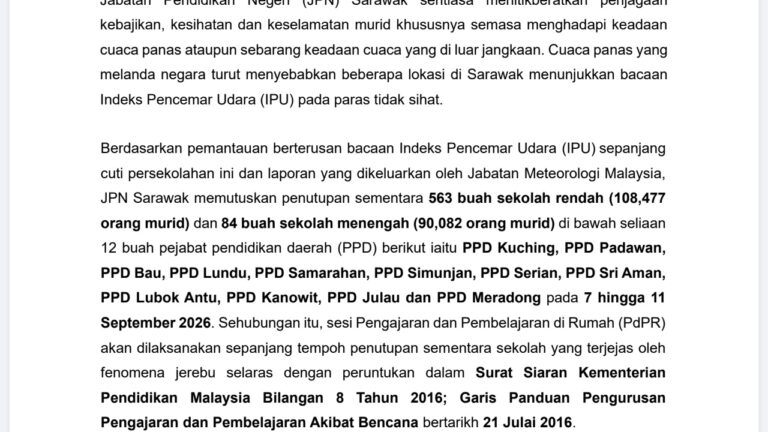 Jerebu: 647 sekolah Sarawak ditutup 7- 11 September, PdPR dilaksana
