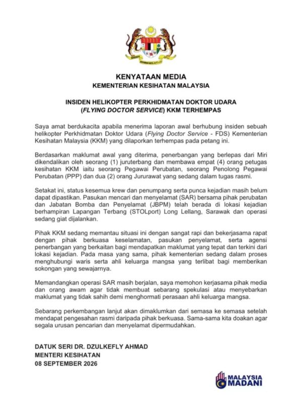KKM dalam proses hubungi waris mangsa helikopter, beri sokongan