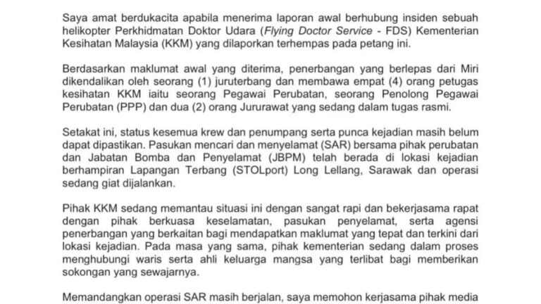 KKM dalam proses hubungi waris mangsa helikopter, beri sokongan