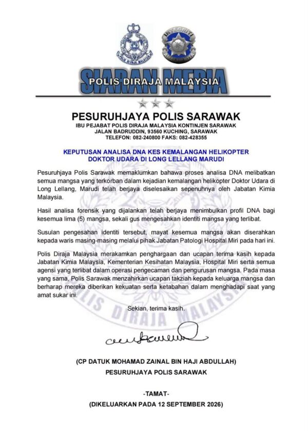 Lima mangsa nahas helikopter Long Lellang dikenal pasti menerusi analisis DNA