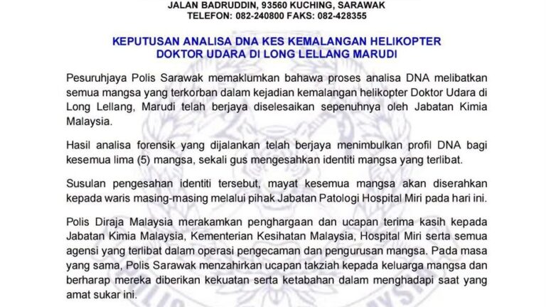 Lima mangsa nahas helikopter Long Lellang dikenal pasti menerusi analisis DNA